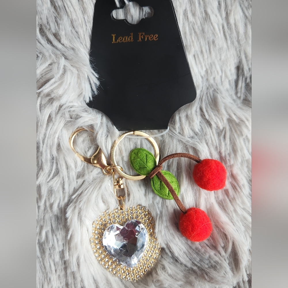 Gold Heart Bag Charm/ Keychain with Red Fuzzy Cherries